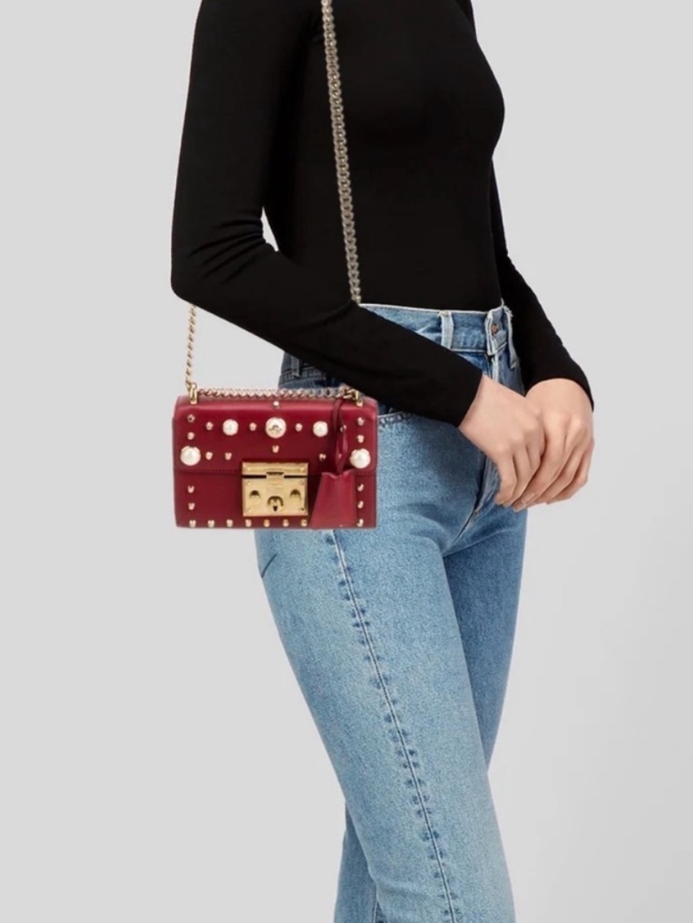 Gucci Red Leather padlock Pearl-Embellished Chain Crossbody Bag, dust bag,COA - Picture 15 of 15